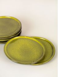 Set of 6 medium Hoa Bien green ceramic plates