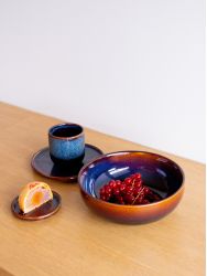 Set of 4 Hoa Bien blue ochre ceramic shallow bowls